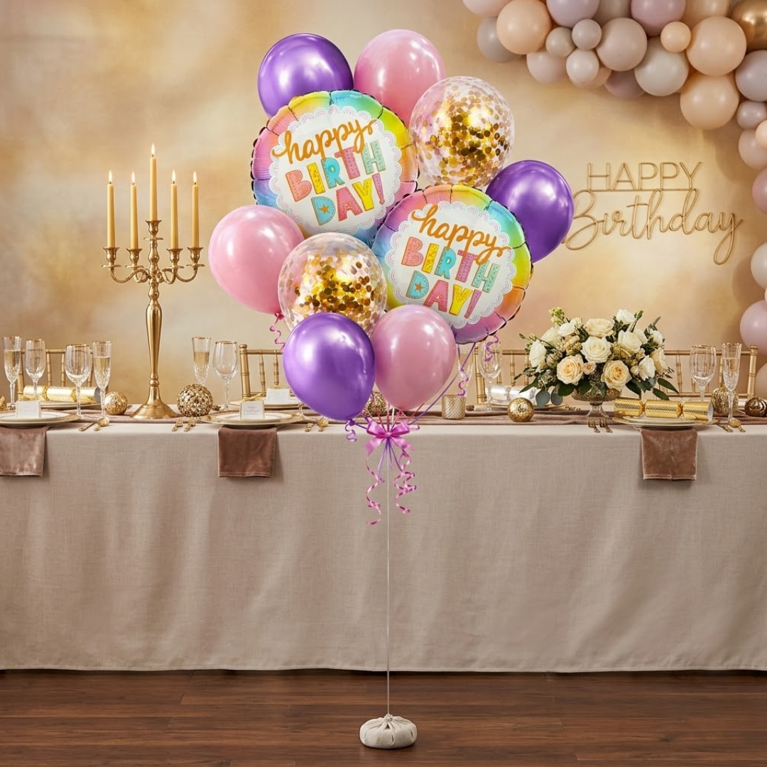 Happy Birthday Colorful Helium Balloon Set of 10 (2 Round Foil 18 Inch + 3 Lavender + 3 Light Pink + 2 Gold Confetti Balloons) | Pre-Inflated & Delivered | Birthday Decoration