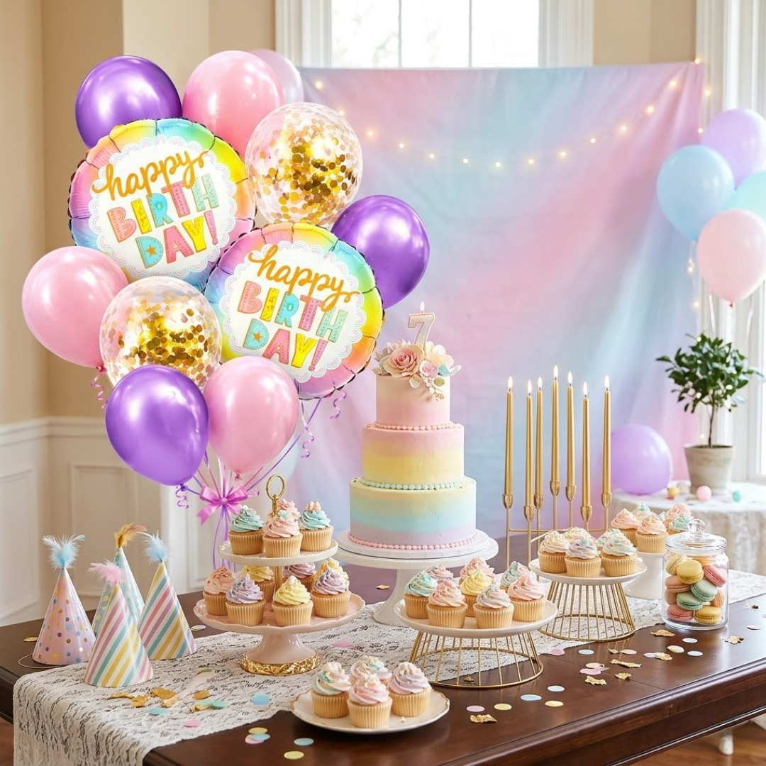 Happy Birthday Colorful Helium Balloon Set of 10 (2 Round Foil 18 Inch + 3 Lavender + 3 Light Pink + 2 Gold Confetti Balloons) | Pre-Inflated & Delivered | Birthday Decoration