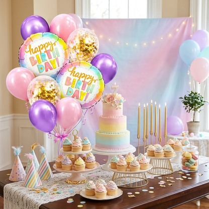 Happy Birthday Colorful Helium Balloon Set of 10 (2 Round Foil 18 Inch + 3 Lavender + 3 Light Pink + 2 Gold Confetti Balloons) | Pre-Inflated & Delivered | Birthday Decoration