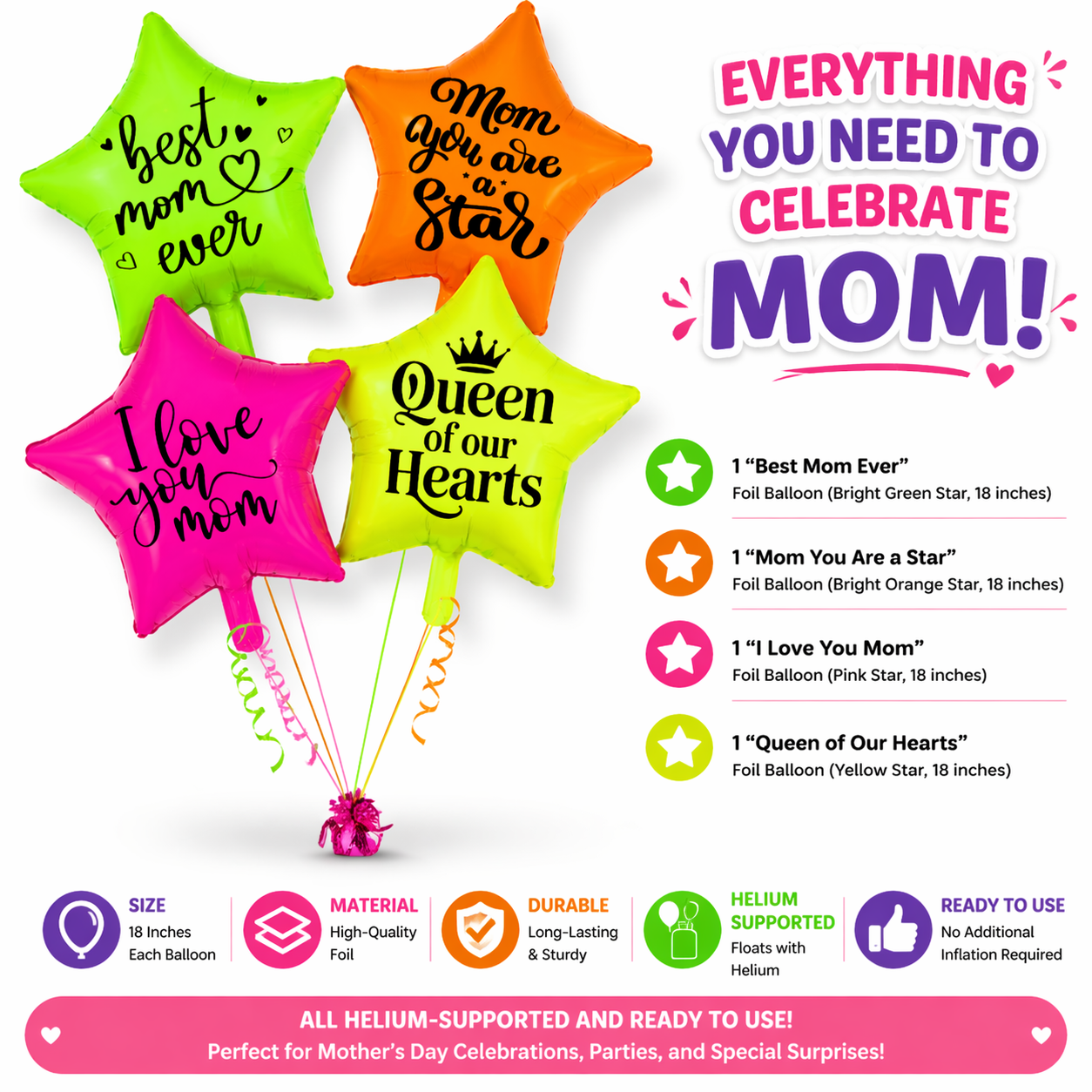 Happy Mother’s Day Neon Star Foil Balloon Set of 4