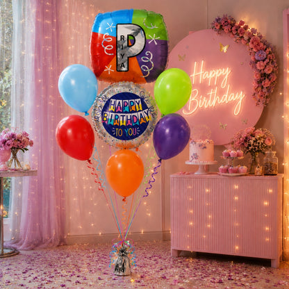 Alphabet "P" Printed Square Shaped Balloon with Customized Name Balloon Bouquet Set of 7PC | Helium Filled & Delivers Inflated