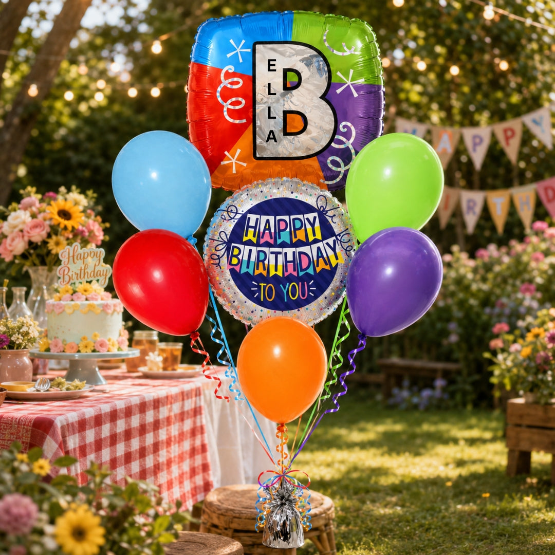 Alphabet "P" Printed Square Shaped Balloon with Customized Name Balloon Bouquet Set of 7PC | Helium Filled & Delivers Inflated