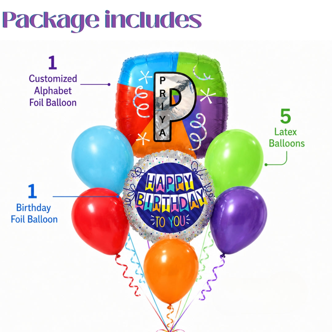 Alphabet "P" Printed Square Shaped Balloon with Customized Name Balloon Bouquet Set of 7PC | Helium Filled & Delivers Inflated