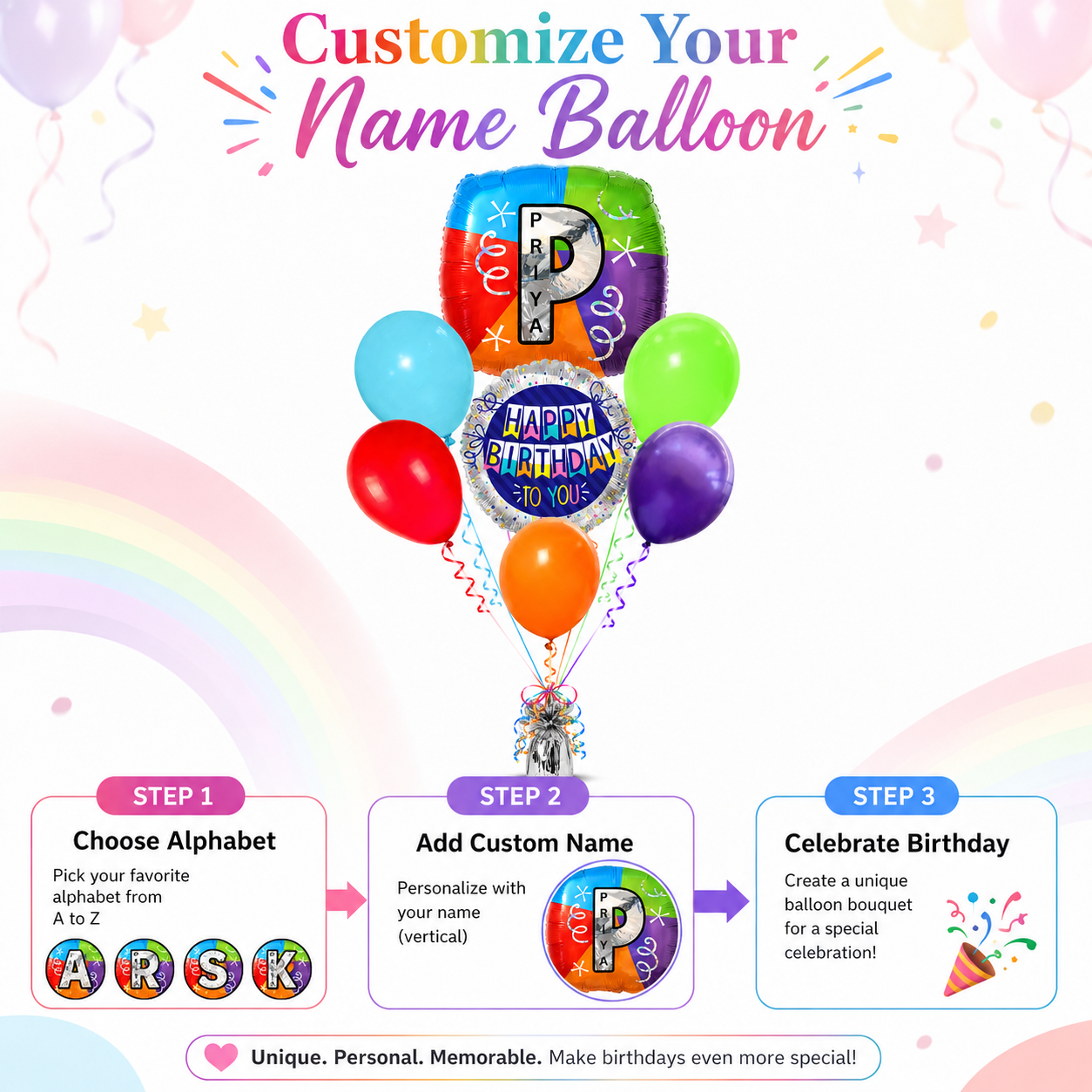 Alphabet "P" Printed Square Shaped Balloon with Customized Name Balloon Bouquet Set of 7PC | Helium Filled & Delivers Inflated