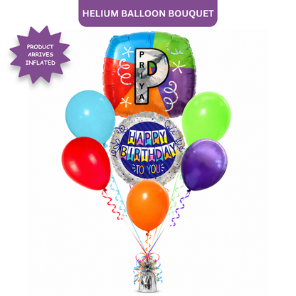 Alphabet "P" Printed Square Shaped Balloon with Customized Name Balloon Bouquet Set of 7PC | Helium Filled & Delivers Inflated