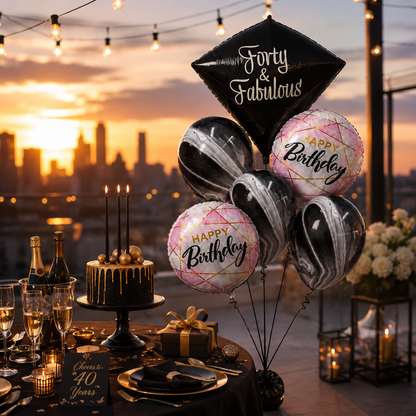 40th Birthday Dimaond Shape Balloon Bouquet with Marble Print Ballons and Happy Birthday Foil - Set of 6PC | Helium Filled & Delivers Inflated