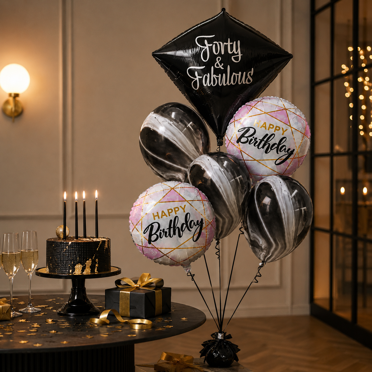 40th Birthday Dimaond Shape Balloon Bouquet with Marble Print Ballons and Happy Birthday Foil - Set of 6PC | Helium Filled & Delivers Inflated