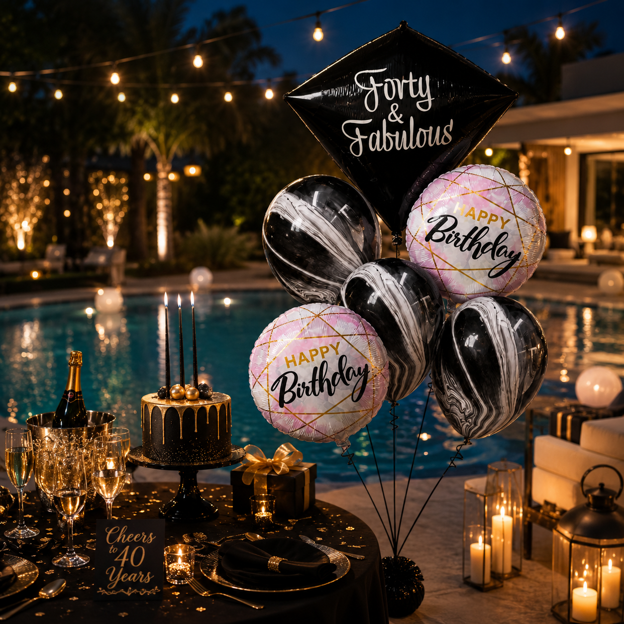 40th Birthday Dimaond Shape Balloon Bouquet with Marble Print Ballons and Happy Birthday Foil - Set of 6PC | Helium Filled & Delivers Inflated