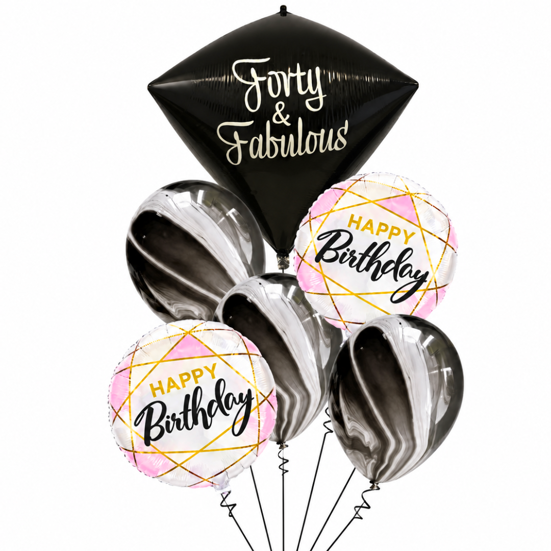 40th Birthday Dimaond Shape Balloon Bouquet with Marble Print Ballons and Happy Birthday Foil - Set of 6PC | Helium Filled & Delivers Inflated