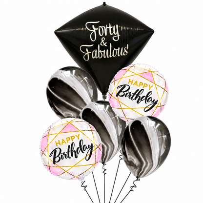 40th Birthday Dimaond Shape Balloon Bouquet with Marble Print Ballons and Happy Birthday Foil - Set of 6PC | Helium Filled & Delivers Inflated
