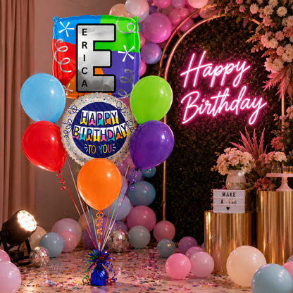 Customizable Alphabet "E" Square Shaped Balloon with Customized Name Stickers Bouquet Set of 7PC | Customizable Name Inital Balloons| Choose Your Name | Helium Filled & Delivers Inflated