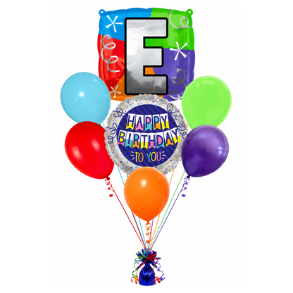 Customizable Alphabet "E" Square Shaped Balloon with Customized Name Stickers Bouquet Set of 7PC | Customizable Name Inital Balloons| Choose Your Name | Helium Filled & Delivers Inflated
