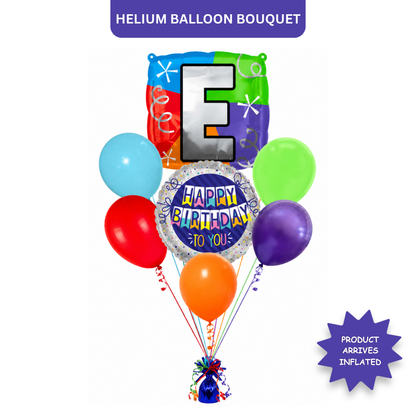 Customizable Alphabet "E" Square Shaped Balloon with Customized Name Stickers Bouquet Set of 7PC | Customizable Name Inital Balloons| Choose Your Name | Helium Filled & Delivers Inflated