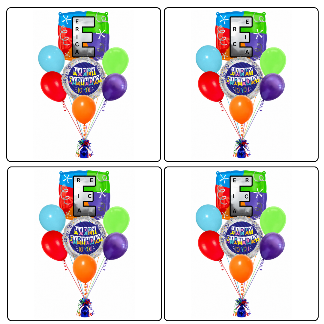 Customizable Alphabet "E" Square Shaped Balloon with Customized Name Stickers Bouquet Set of 7PC | Customizable Name Inital Balloons| Choose Your Name | Helium Filled & Delivers Inflated