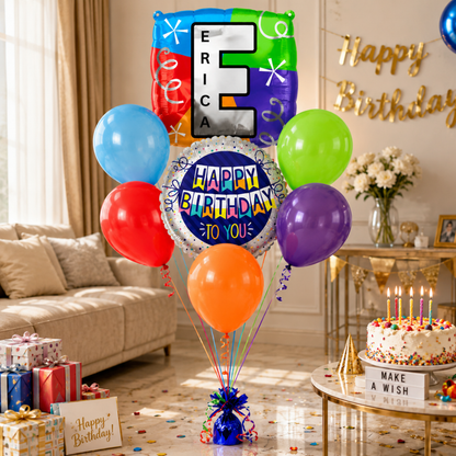 Customizable Alphabet "E" Square Shaped Balloon with Customized Name Stickers Bouquet Set of 7PC | Customizable Name Inital Balloons| Choose Your Name | Helium Filled & Delivers Inflated