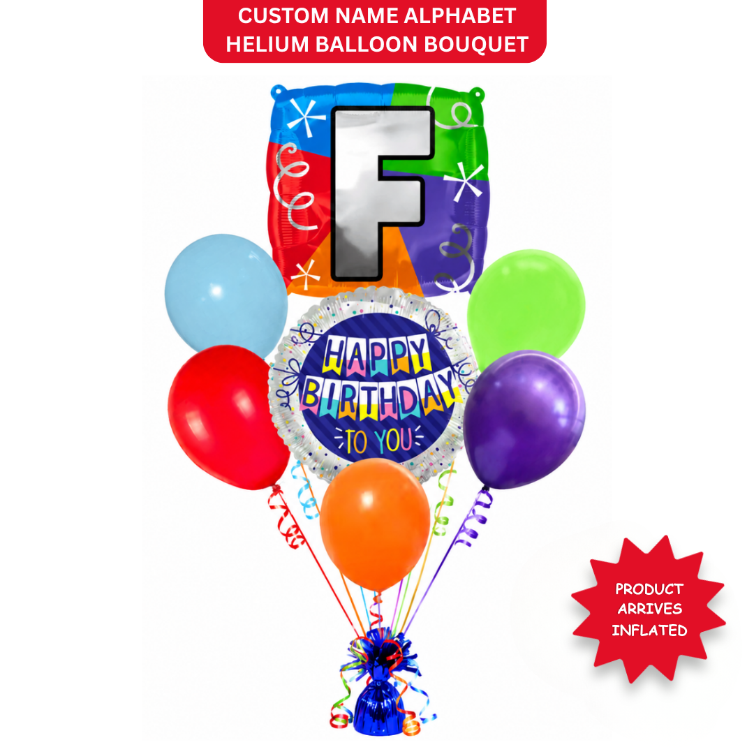 Customizable Alphabet "F" Square Shaped Balloon with Customized Name Stickers Bouquet Set of 7PC | Customizable Name Inital Balloons| Choose Your Name | Helium Filled & Delivers Inflated