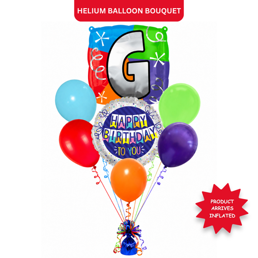 Customizable Alphabet "G" Square Shaped Balloon with Customized Name Stickers Bouquet Set of 7PC | Customizable Name Inital Balloons| Choose Your Name | Helium Filled & Delivers Inflated