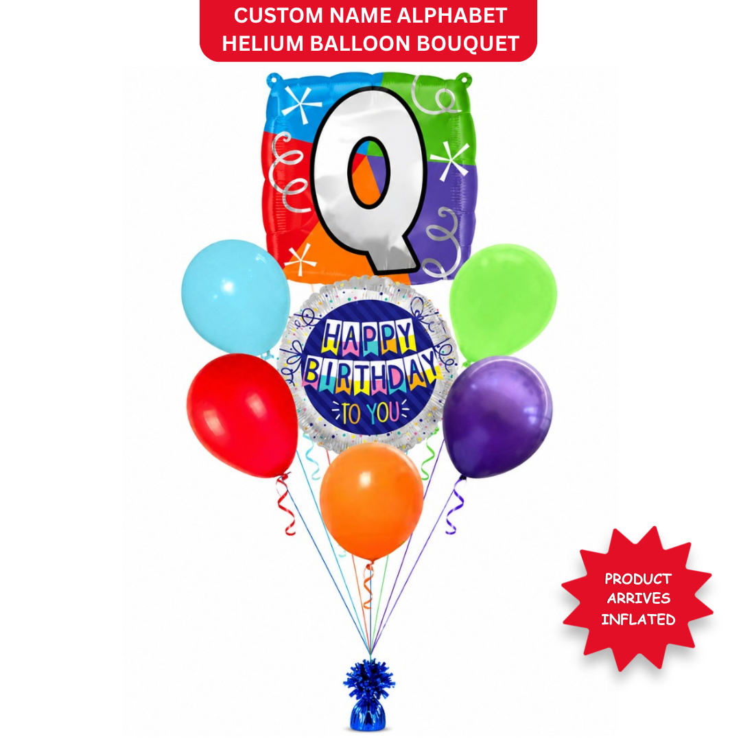 Customizable Alphabet "Q" Square Shaped Balloon with Customized Name Stickers Bouquet Set of 7PC | Customizable Name Initial Balloons | Choose Your Name | Helium Filled & Delivers Inflated