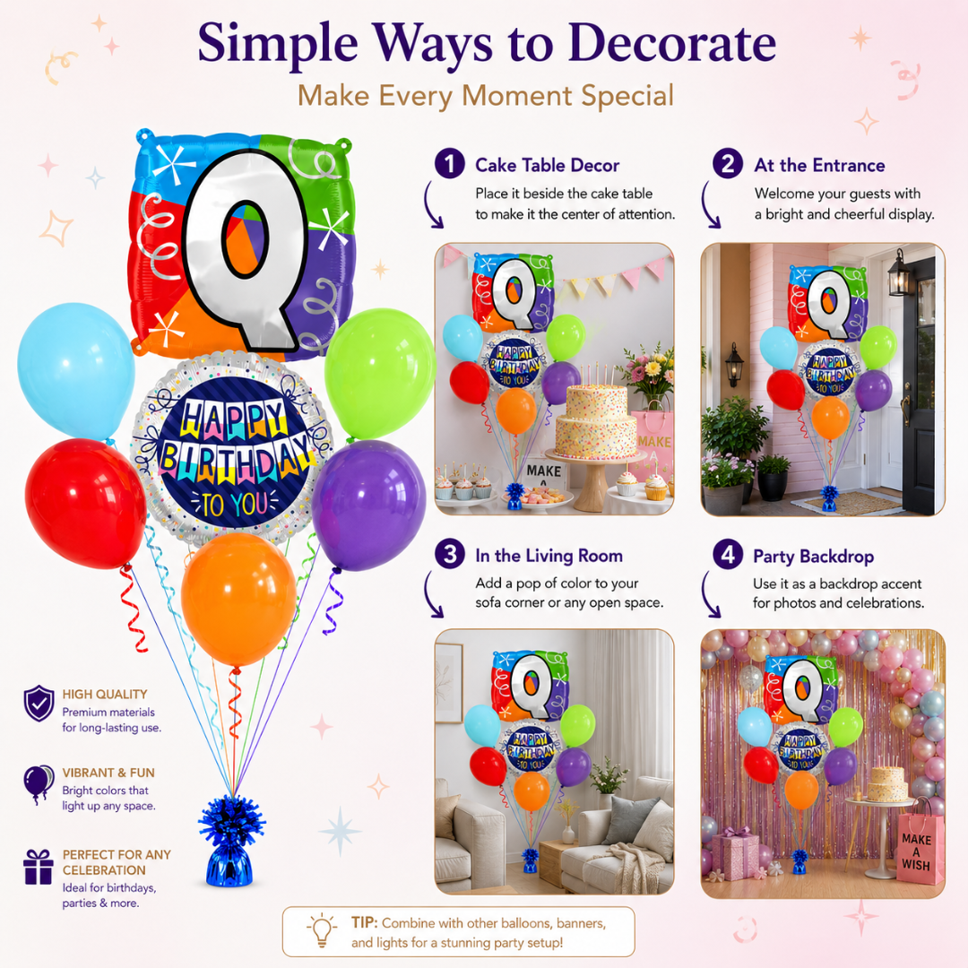 Customizable Alphabet "Q" Square Shaped Balloon with Customized Name Stickers Bouquet Set of 7PC | Customizable Name Initial Balloons | Choose Your Name | Helium Filled & Delivers Inflated