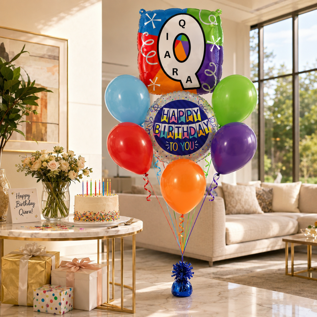 Customizable Alphabet "Q" Square Shaped Balloon with Customized Name Stickers Bouquet Set of 7PC | Customizable Name Initial Balloons | Choose Your Name | Helium Filled & Delivers Inflated