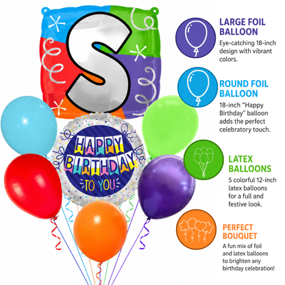 Customizable Alphabet "S" Square Shaped Balloon with Customized Name Stickers Bouquet Set of 7PC | Customizable Name Initial Balloons | Choose Your Name | Helium Filled & Delivers Inflated