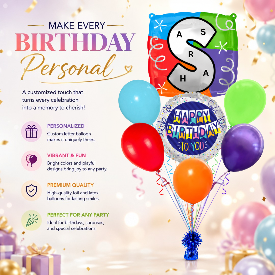 Customizable Alphabet "S" Square Shaped Balloon with Customized Name Stickers Bouquet Set of 7PC | Customizable Name Initial Balloons | Choose Your Name | Helium Filled & Delivers Inflated