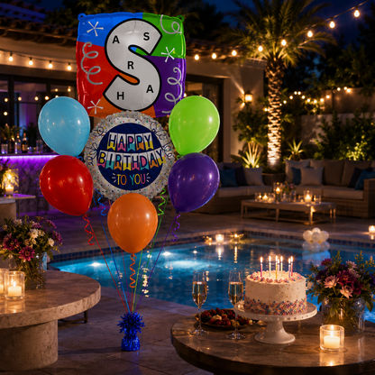 Customizable Alphabet "S" Square Shaped Balloon with Customized Name Stickers Bouquet Set of 7PC | Customizable Name Initial Balloons | Choose Your Name | Helium Filled & Delivers Inflated