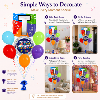 Customizable Alphabet "T" Square Shaped Balloon with Customized Name Stickers Bouquet Set of 7PC | Customizable Name Initial Balloons | Choose Your Name | Helium Filled & Delivers Inflated