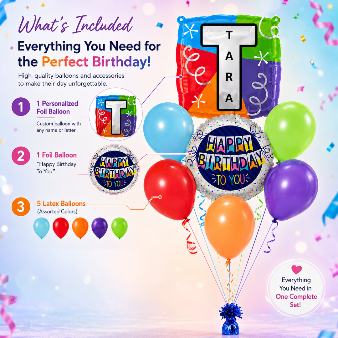 Customizable Alphabet "T" Square Shaped Balloon with Customized Name Stickers Bouquet Set of 7PC | Customizable Name Initial Balloons | Choose Your Name | Helium Filled & Delivers Inflated