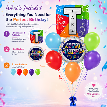 Customizable Alphabet "T" Square Shaped Balloon with Customized Name Stickers Bouquet Set of 7PC | Customizable Name Initial Balloons | Choose Your Name | Helium Filled & Delivers Inflated