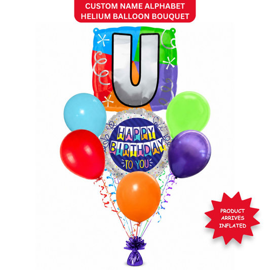 Customizable Alphabet "U" Square Shaped Balloon with Customized Name Stickers Bouquet Set of 7PC | Customizable Name Initial Balloons | Choose Your Name | Helium Filled & Delivers Inflated