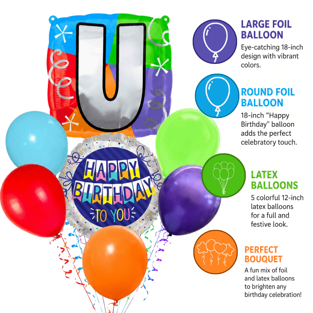 Customizable Alphabet "U" Square Shaped Balloon with Customized Name Stickers Bouquet Set of 7PC | Customizable Name Initial Balloons | Choose Your Name | Helium Filled & Delivers Inflated