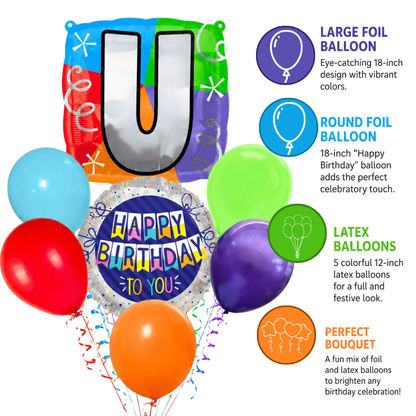 Customizable Alphabet "U" Square Shaped Balloon with Customized Name Stickers Bouquet Set of 7PC | Customizable Name Initial Balloons | Choose Your Name | Helium Filled & Delivers Inflated