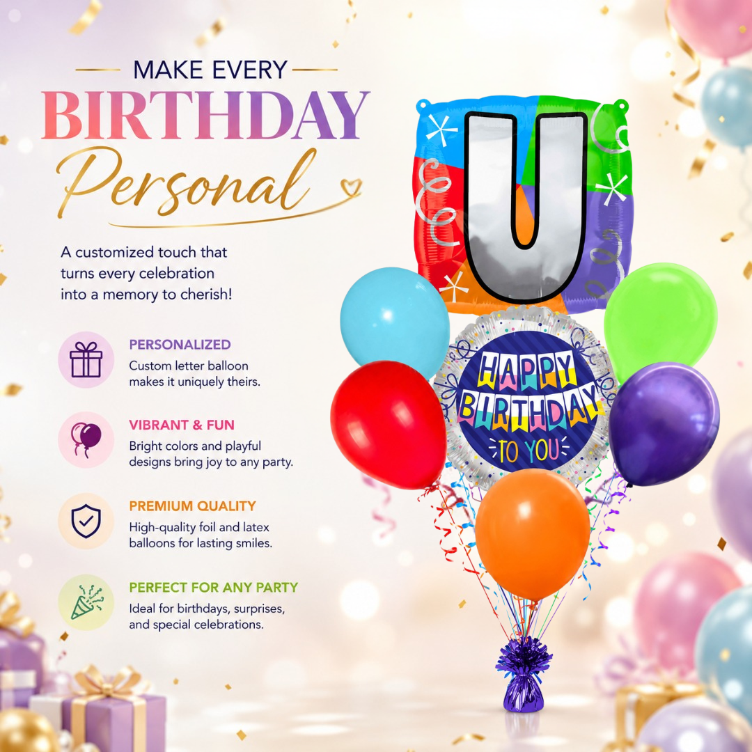 Customizable Alphabet "U" Square Shaped Balloon with Customized Name Stickers Bouquet Set of 7PC | Customizable Name Initial Balloons | Choose Your Name | Helium Filled & Delivers Inflated
