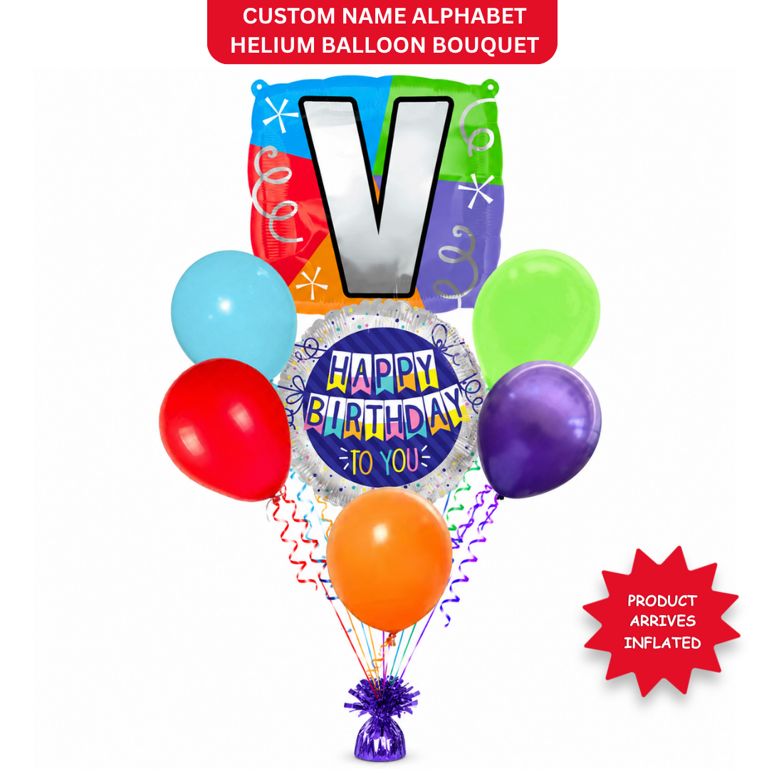 Customizable Alphabet "V" Square Shaped Balloon with Customized Name Stickers Bouquet Set of 7PC | Customizable Name Initial Balloons | Choose Your Name | Helium Filled & Delivers Inflated