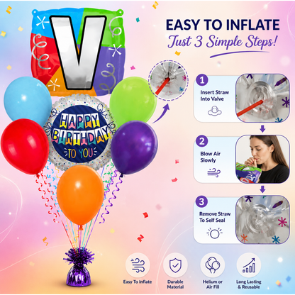Customizable Alphabet "V" Square Shaped Balloon with Customized Name Stickers Bouquet Set of 7PC | Customizable Name Initial Balloons | Choose Your Name | Helium Filled & Delivers Inflated