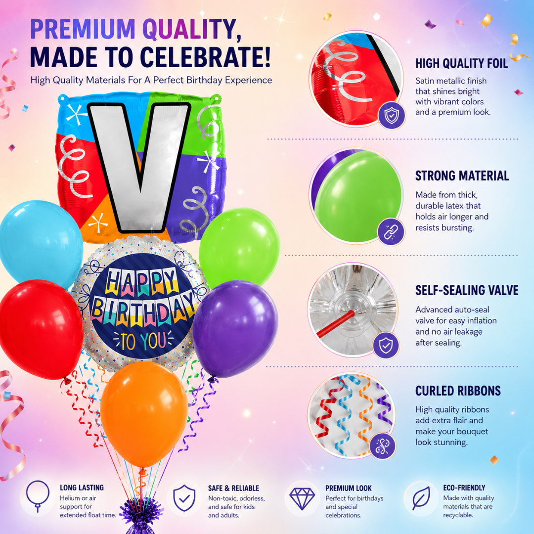 Customizable Alphabet "V" Square Shaped Balloon with Customized Name Stickers Bouquet Set of 7PC | Customizable Name Initial Balloons | Choose Your Name | Helium Filled & Delivers Inflated