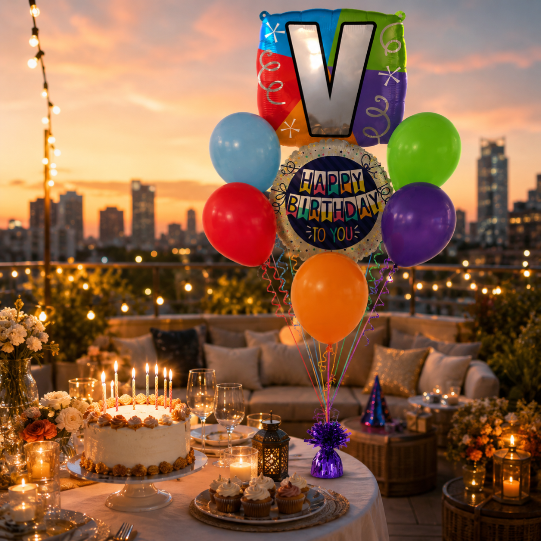 Customizable Alphabet "V" Square Shaped Balloon with Customized Name Stickers Bouquet Set of 7PC | Customizable Name Initial Balloons | Choose Your Name | Helium Filled & Delivers Inflated