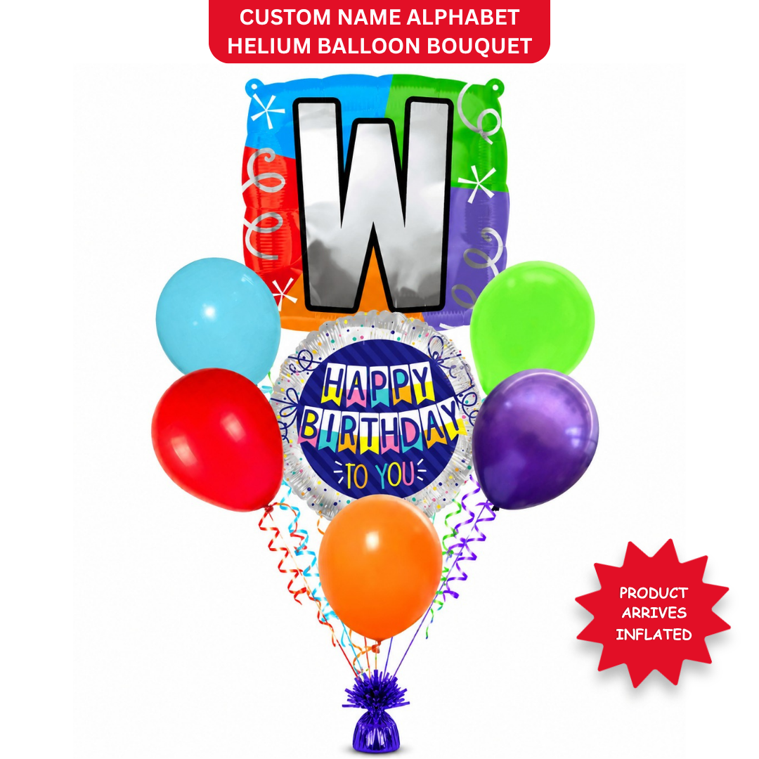 Customizable Alphabet "W" Square Shaped Balloon with Customized Name Stickers Bouquet Set of 7PC | Customizable Name Initial Balloons | Choose Your Name | Helium Filled & Delivers Inflated