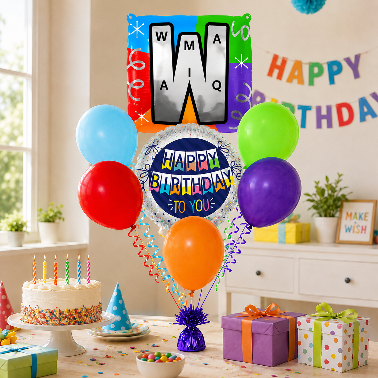 Customizable Alphabet "W" Square Shaped Balloon with Customized Name Stickers Bouquet Set of 7PC | Customizable Name Initial Balloons | Choose Your Name | Helium Filled & Delivers Inflated