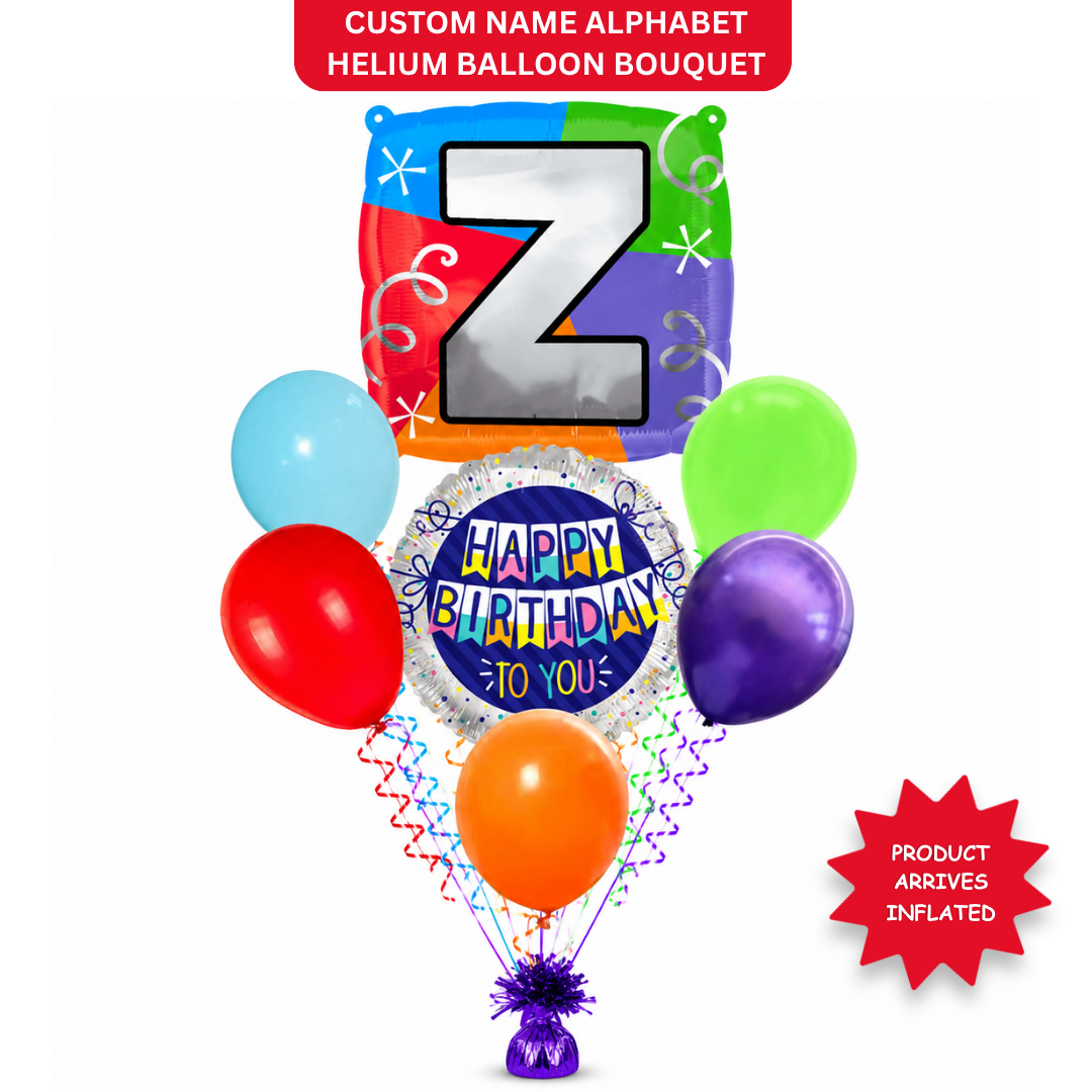 Customizable Alphabet "Z" Square Shaped Balloon with Customized Name Stickers Bouquet Set of 7PC | Customizable Name Initial Balloons | Choose Your Name | Helium Filled & Delivers Inflated