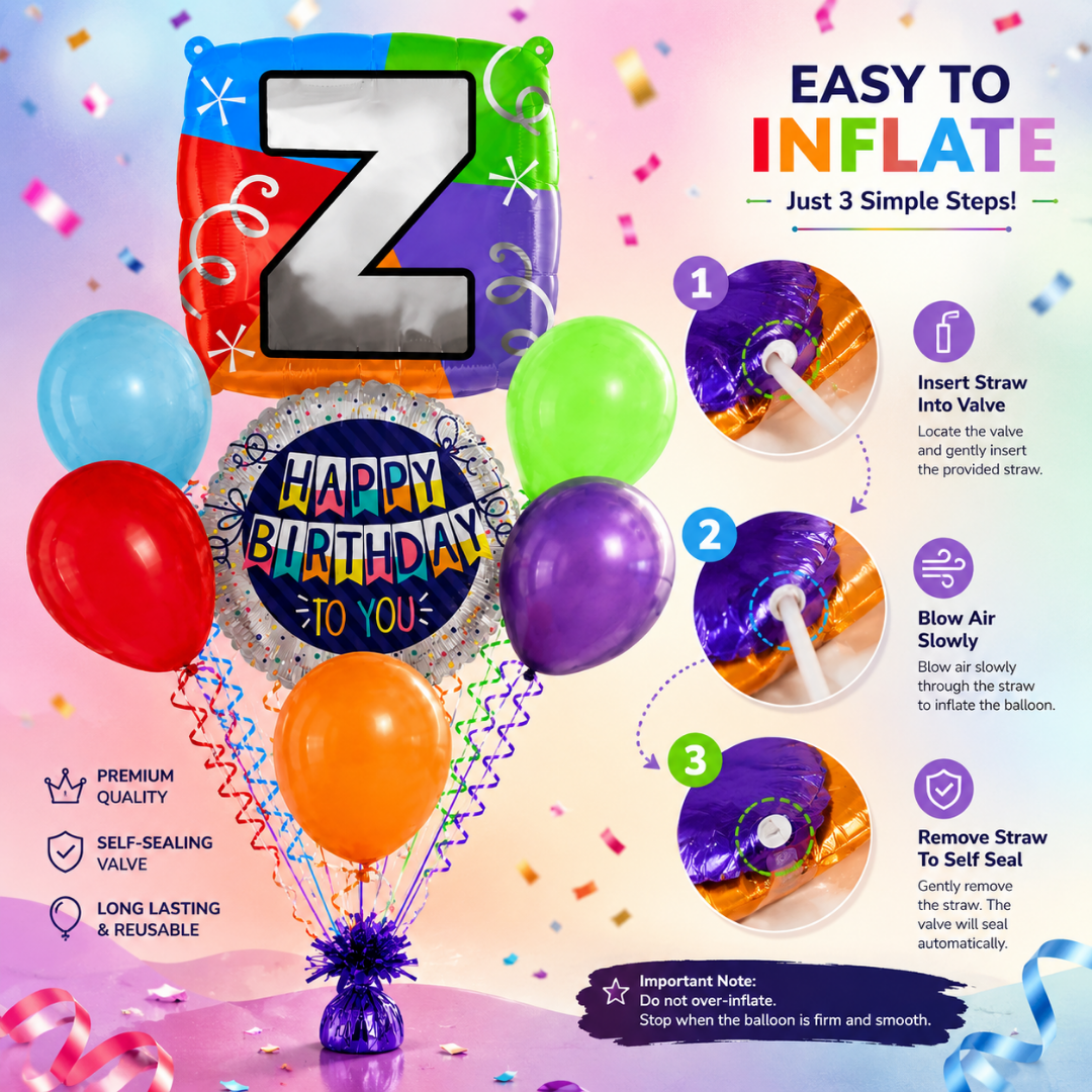 Customizable Alphabet "Z" Square Shaped Balloon with Customized Name Stickers Bouquet Set of 7PC | Customizable Name Initial Balloons | Choose Your Name | Helium Filled & Delivers Inflated