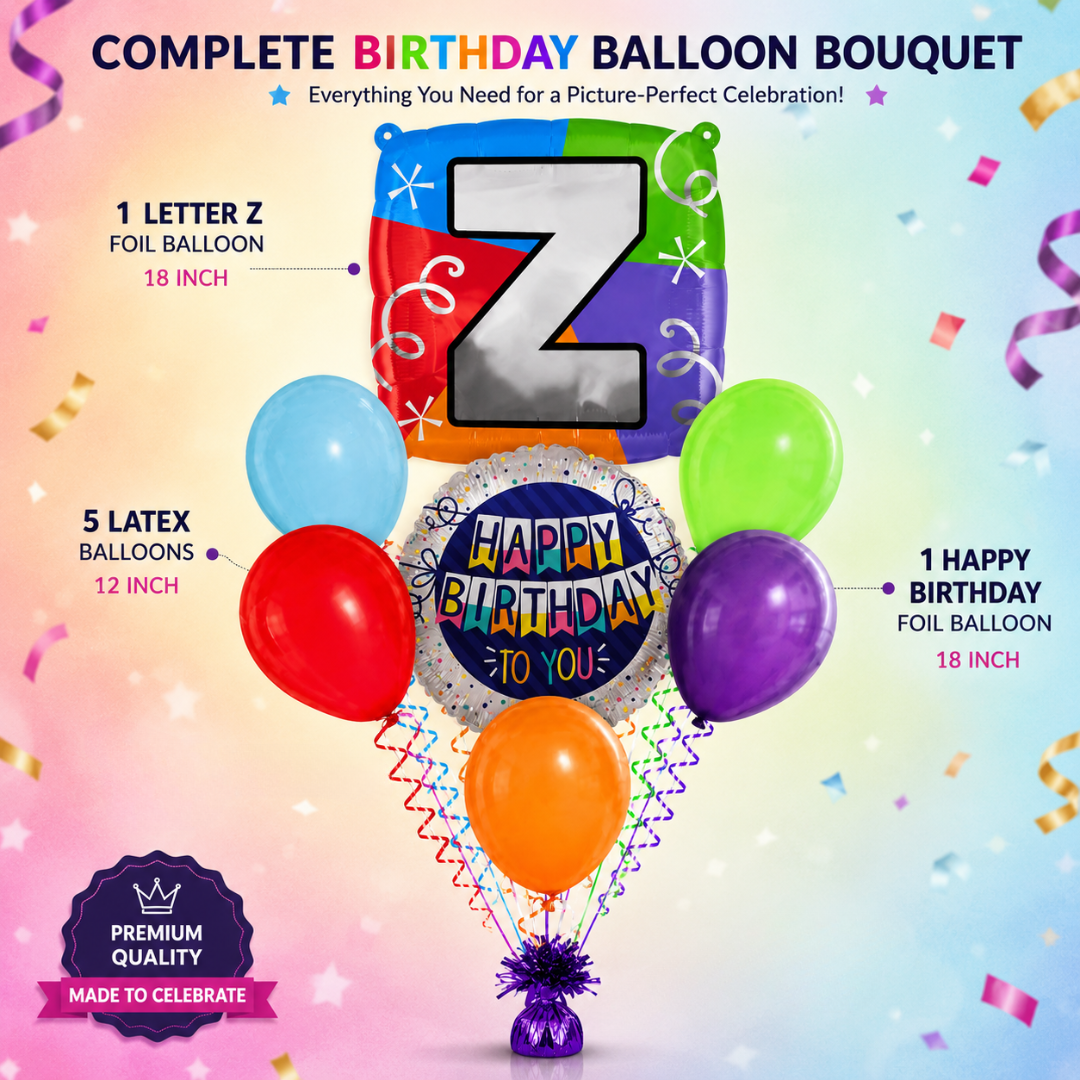 Customizable Alphabet "Z" Square Shaped Balloon with Customized Name Stickers Bouquet Set of 7PC | Customizable Name Initial Balloons | Choose Your Name | Helium Filled & Delivers Inflated