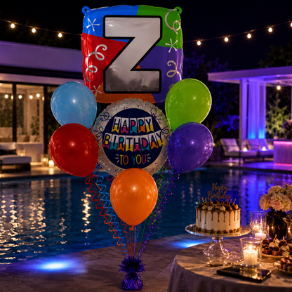 Customizable Alphabet "Z" Square Shaped Balloon with Customized Name Stickers Bouquet Set of 7PC | Customizable Name Initial Balloons | Choose Your Name | Helium Filled & Delivers Inflated