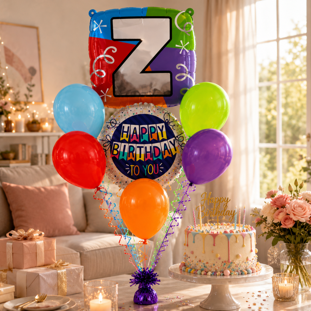Customizable Alphabet "Z" Square Shaped Balloon with Customized Name Stickers Bouquet Set of 7PC | Customizable Name Initial Balloons | Choose Your Name | Helium Filled & Delivers Inflated