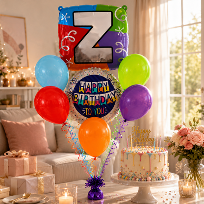 Customizable Alphabet "Z" Square Shaped Balloon with Customized Name Stickers Bouquet Set of 7PC | Customizable Name Initial Balloons | Choose Your Name | Helium Filled & Delivers Inflated