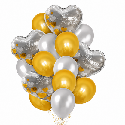 Anniversary Balloon Decoration Set Silver & Gold (16 Pcs) Helium Filled & Pre-Inflated