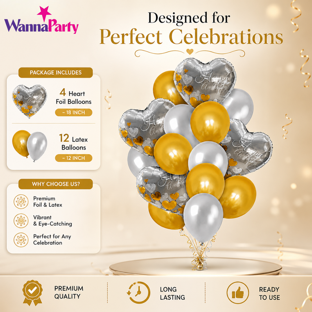 Happy Anniversary Silver & Gold Balloon Set - 16PC