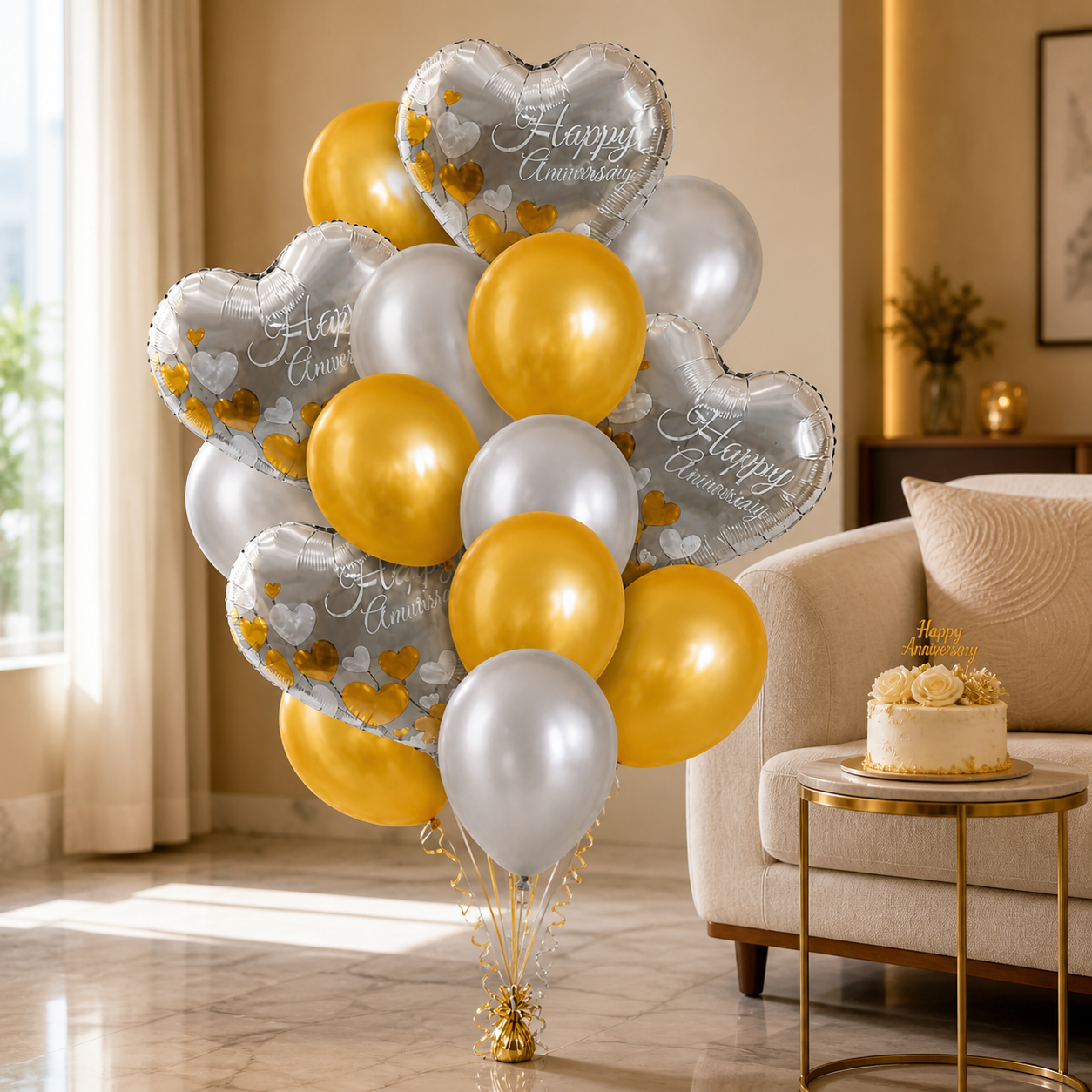 Anniversary Balloon Decoration Set Silver & Gold (16 Pcs) Helium Filled & Pre-Inflated