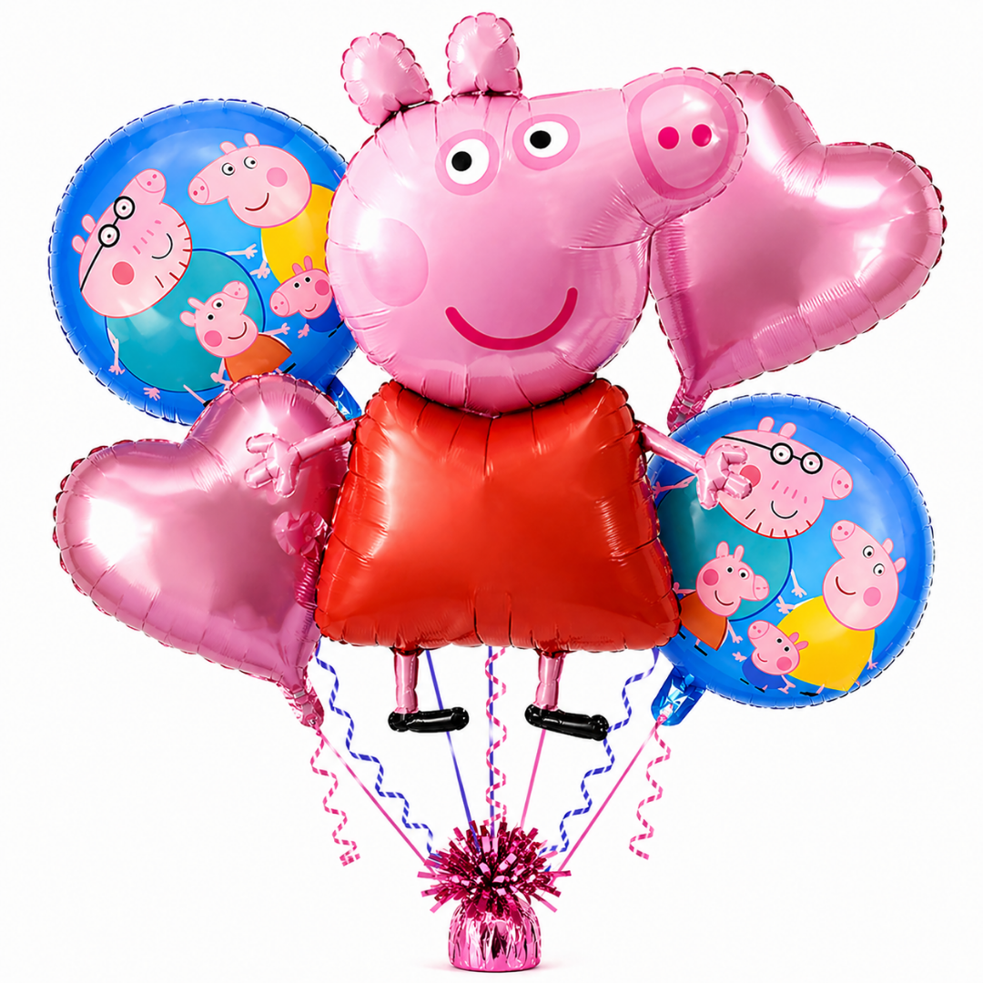 Oink Oink - Muddy Peppa Pig Helium Fiilled Balloon Bouquet Set of 5PC| Pre-Inflated & Delivered | Party Decoration